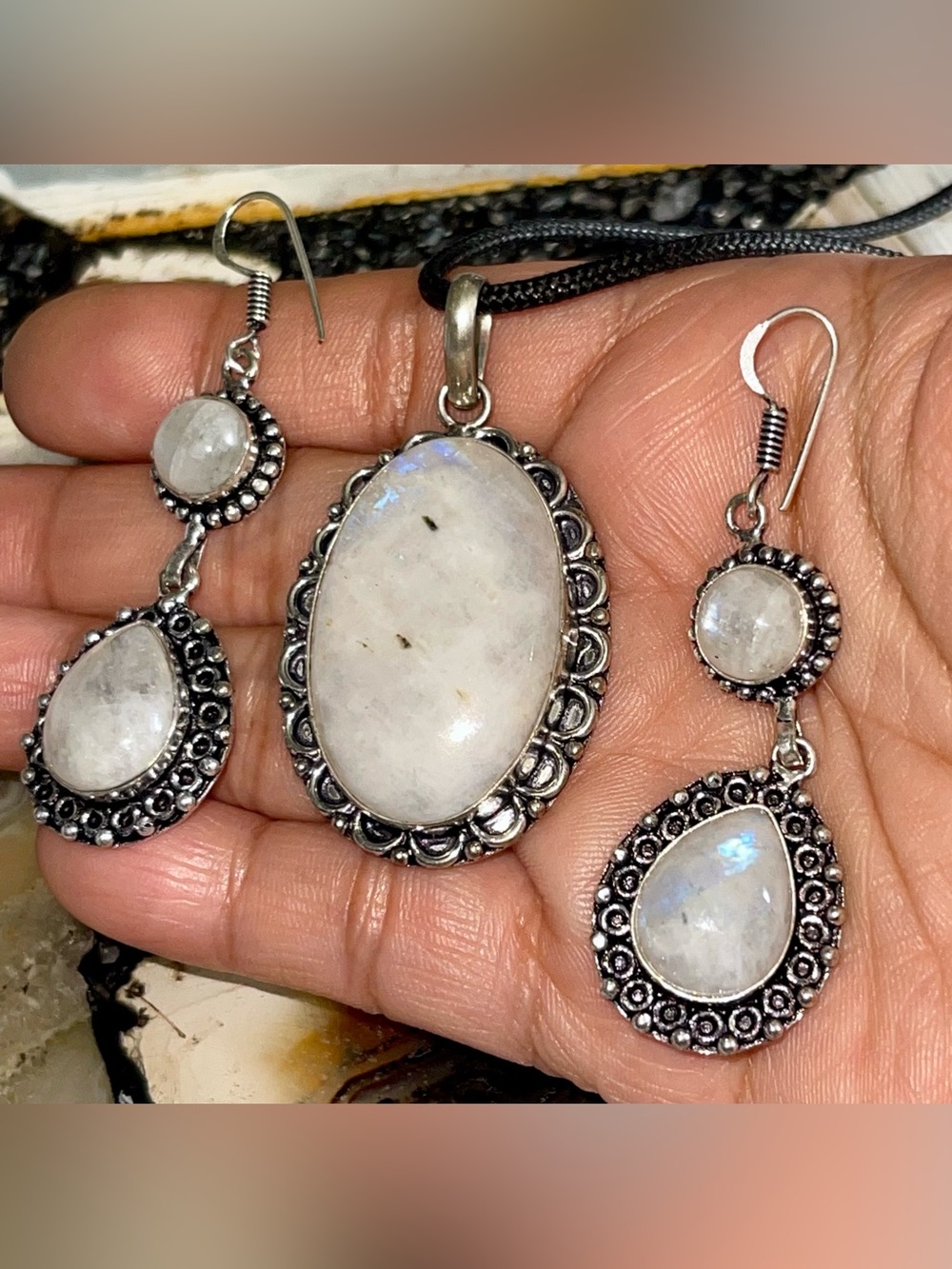 Beautiful Set of Rainbow Moonstone Pendant & Earrings